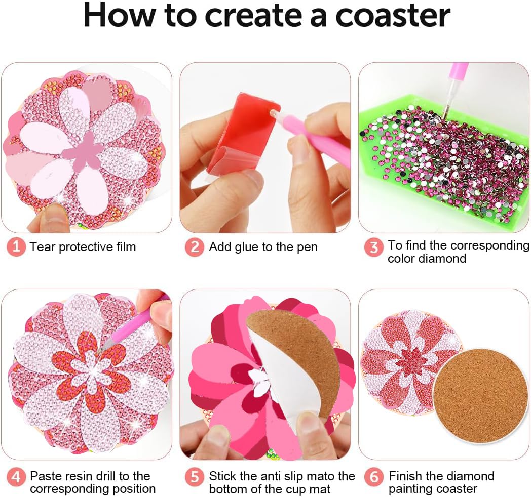 Diy 10pcs/set Valentine's Day Flower  Diamond Painting Coasters with Holder