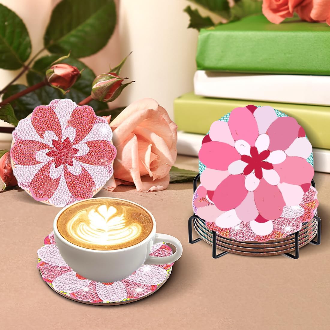 Diy 10pcs/set Valentine's Day Flower  Diamond Painting Coasters with Holder