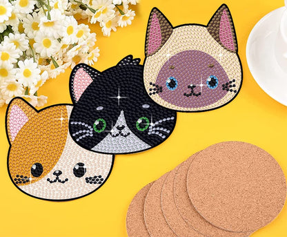 Diy 8pcs/set Cat  Diamond Painting Coasters with Holder