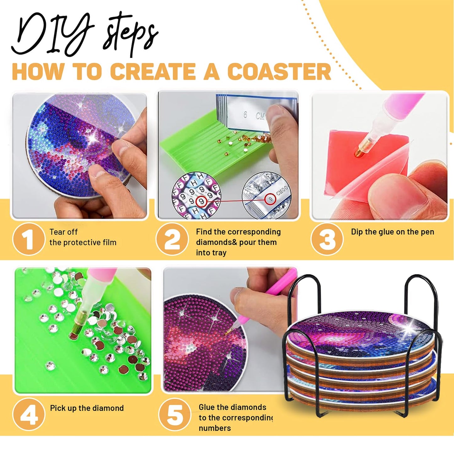 Diy 8pcs/set  Diamond Painting Coasters with Holder