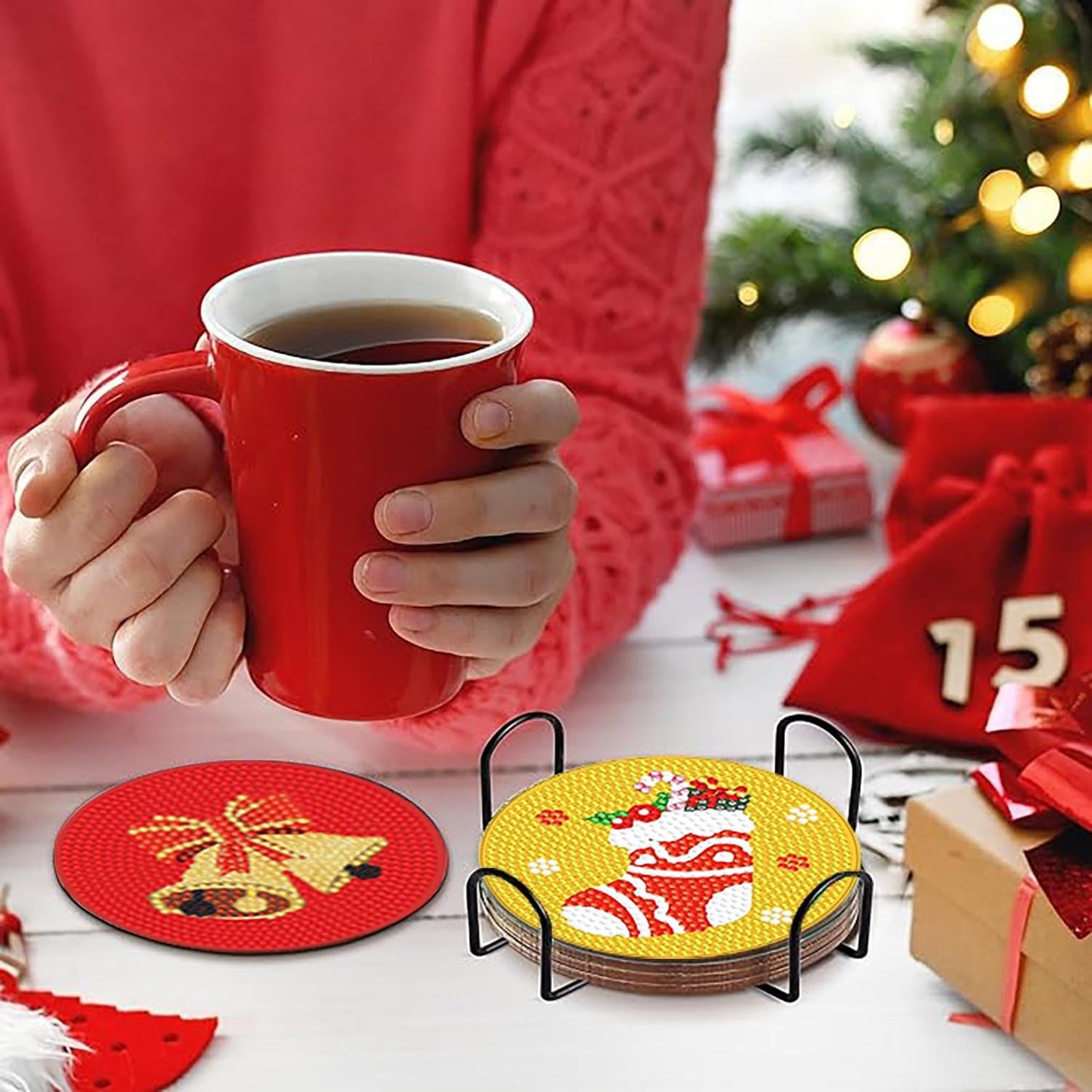 Diy 8pcs/set Christmas  Diamond Painting Coasters with Holder