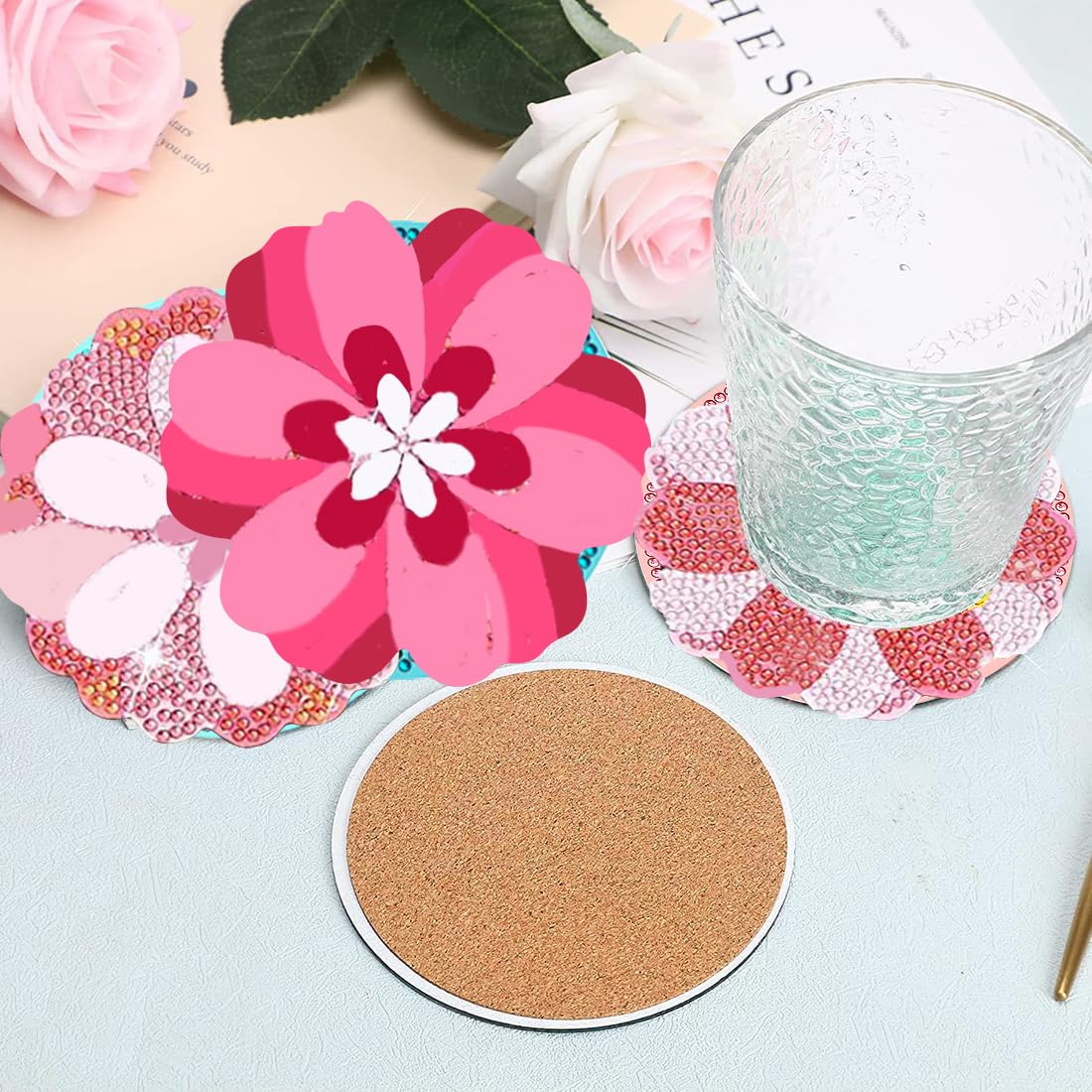 Diy 10pcs/set Valentine's Day Flower  Diamond Painting Coasters with Holder