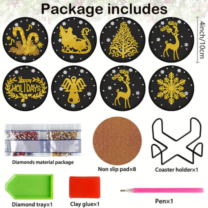 Diy 8pcs/set Christmas  Diamond Painting Coasters with Holder