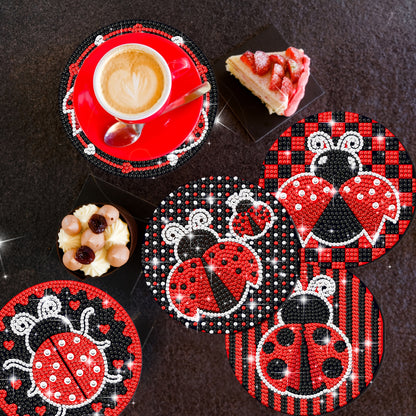Diy 8pcs/set Ladybug Cartoon  Diamond Painting Coasters with Holder