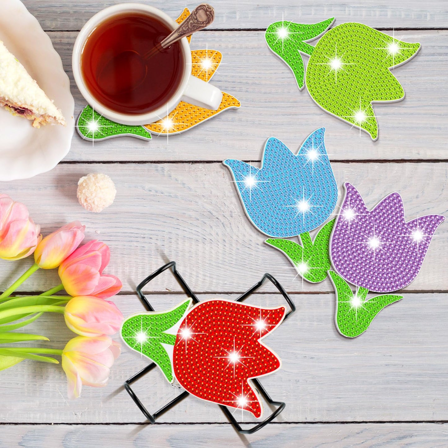 Diy 10pcs/set Flower  Diamond Painting Coasters with Holder