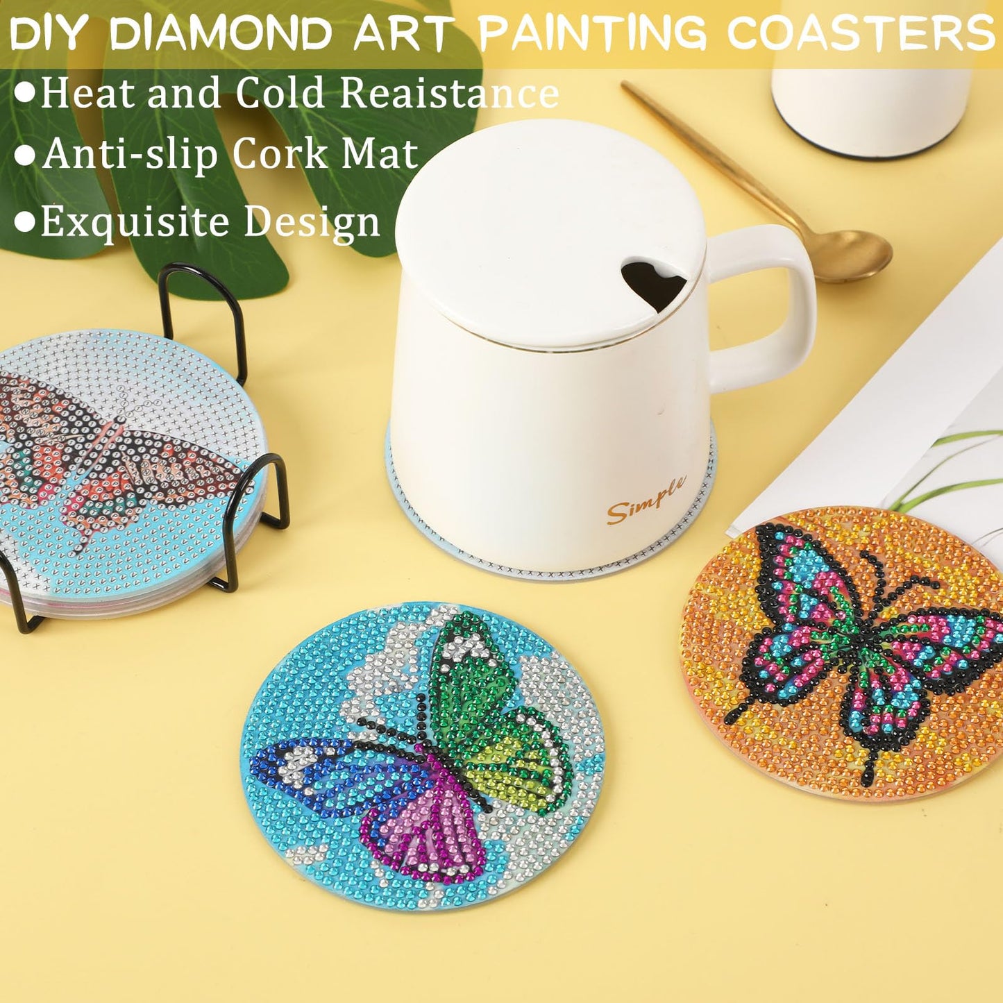 Diy 8pcs/set Butterfly  Diamond Painting Coasters with Holder