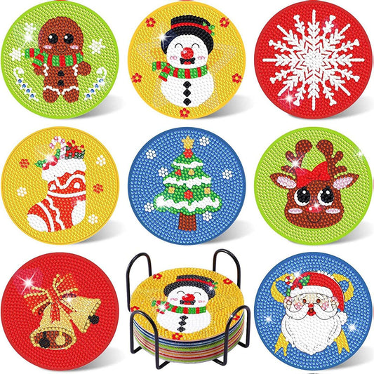 Diy 8pcs/set Christmas  Diamond Painting Coasters with Holder