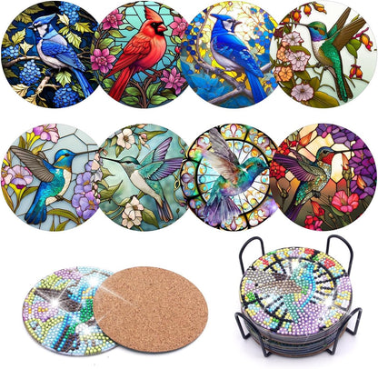 Diy 8pcs/set Bird  Diamond Painting Coasters with Holder