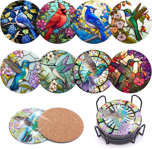 Diy 8pcs/set Bird  Diamond Painting Coasters with Holder