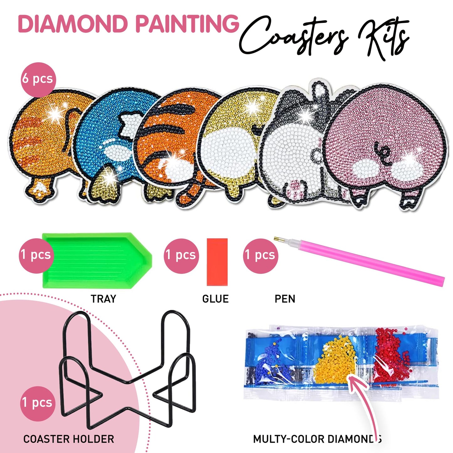 Diy 6pcs/set Animal  Diamond Painting Coasters with Holder