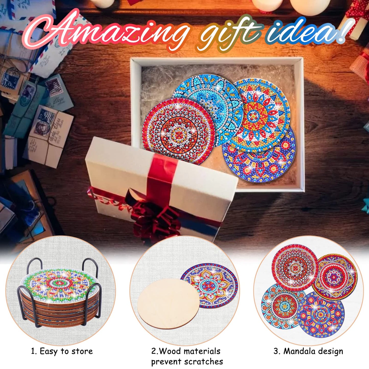 Diy 8pcs/set Mandala  Diamond Painting Coasters with Holder