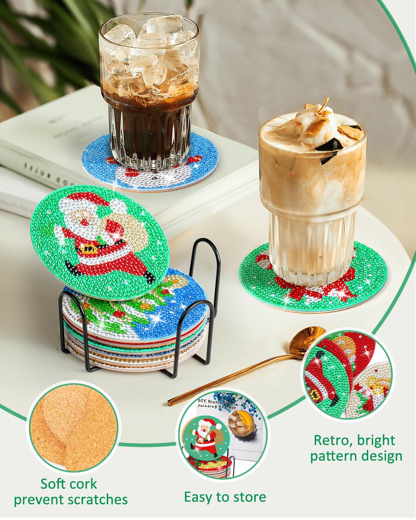 Diy 8pcs/set Christmas  Diamond Painting Coasters with Holder