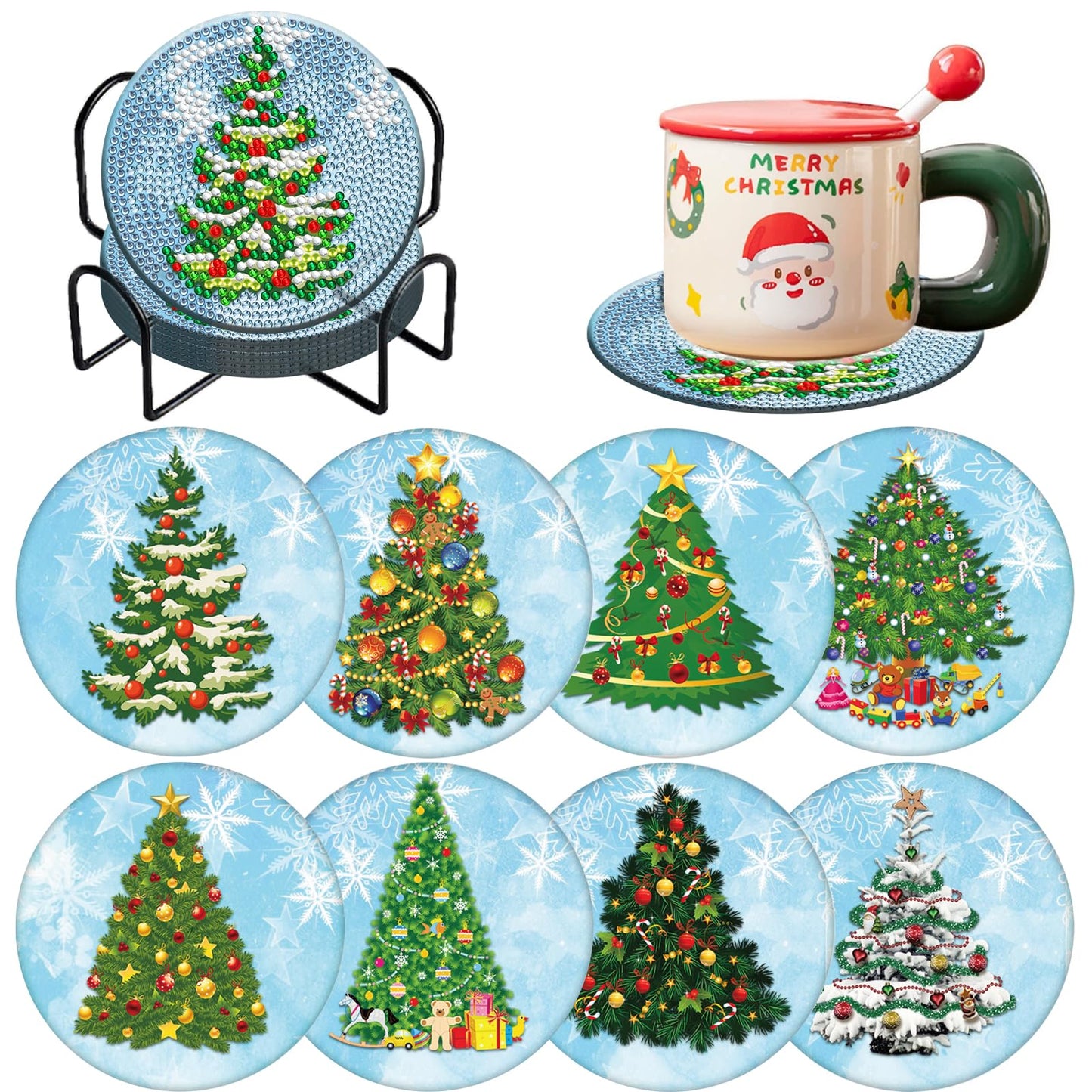 Diy 8pcs/set Christmas  Diamond Painting Coasters with Holder