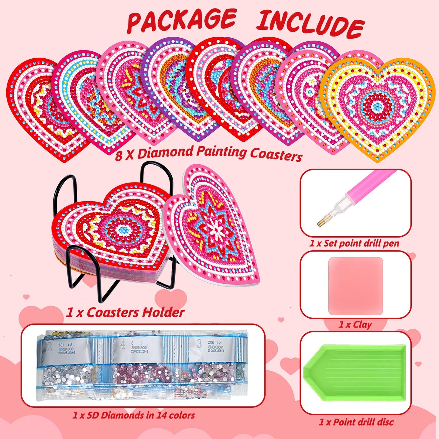 Diy 8pcs/set Valentine's Day  Diamond Painting Coasters with Holder