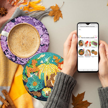 Diy 8pcs/set Pumpkin  Diamond Painting Coasters with Holder