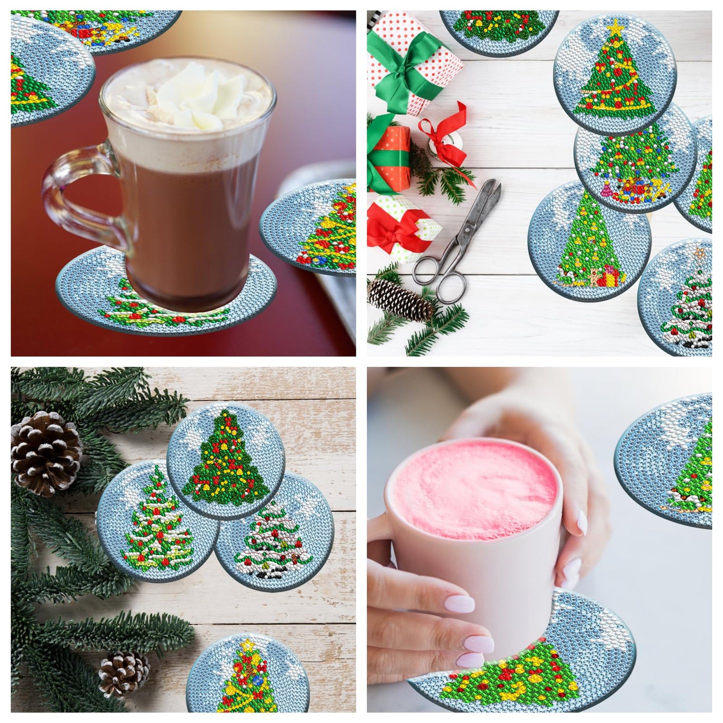 Diy 8pcs/set Christmas  Diamond Painting Coasters with Holder