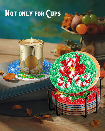 Diy 8pcs/set Christmas  Diamond Painting Coasters with Holder