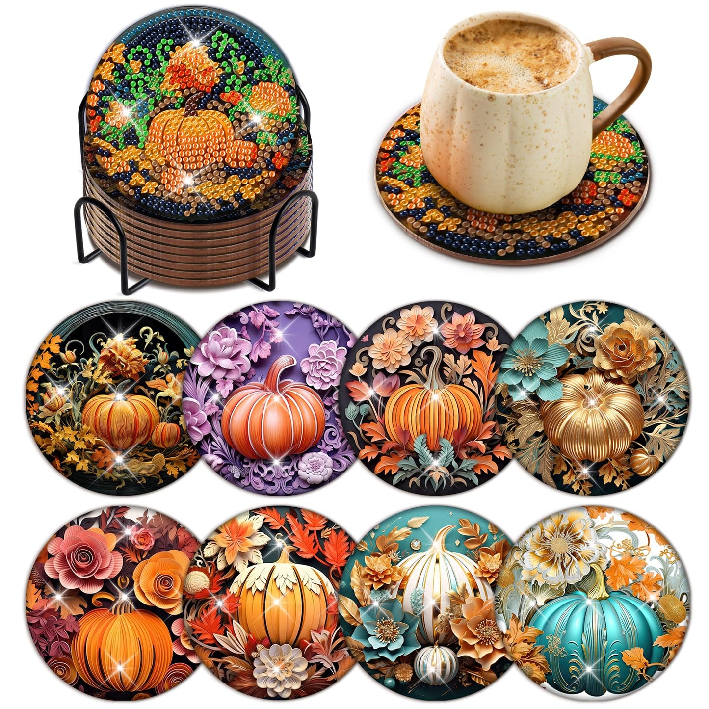 Diy 8pcs/set Pumpkin  Diamond Painting Coasters with Holder