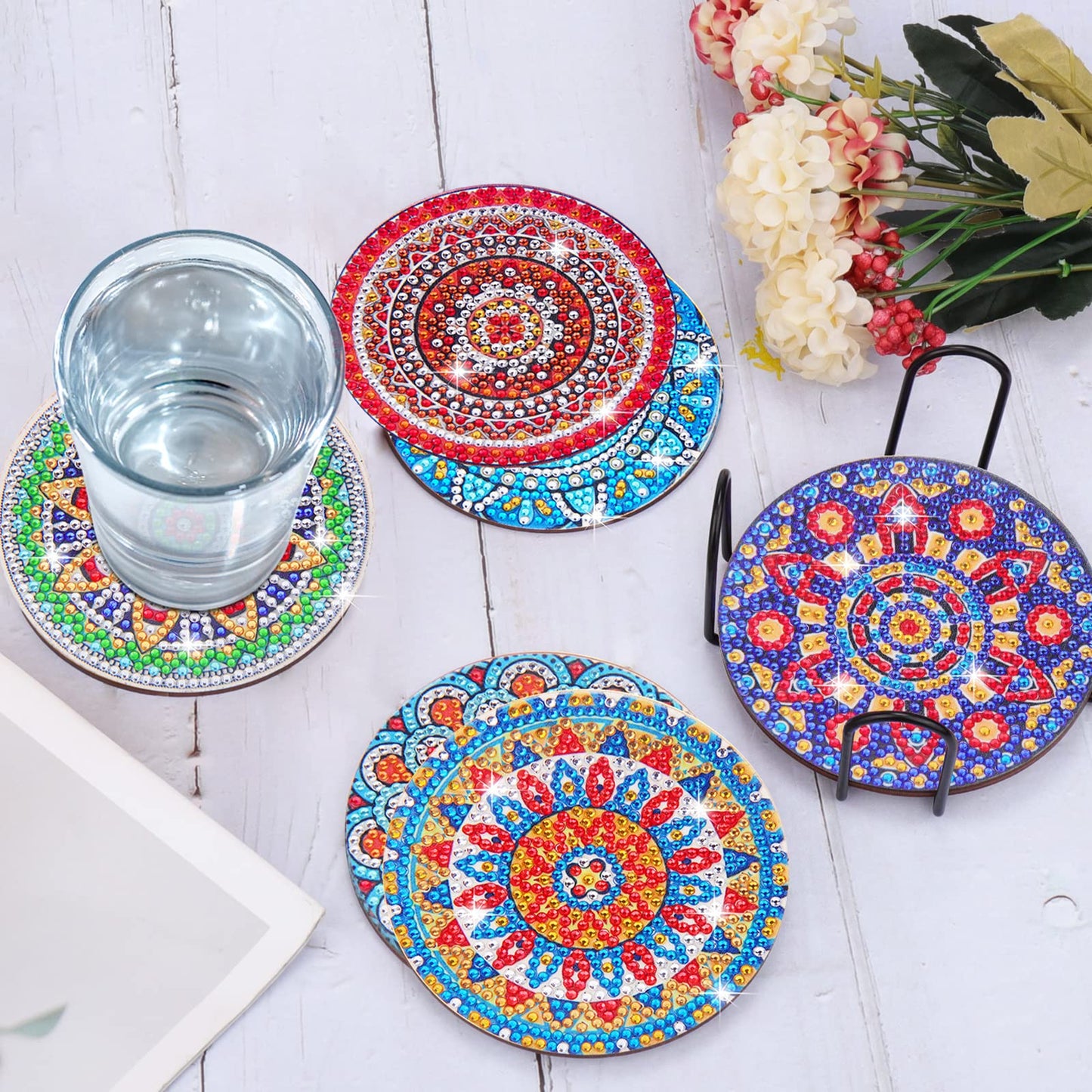 Diy 8pcs/set Mandala  Diamond Painting Coasters with Holder