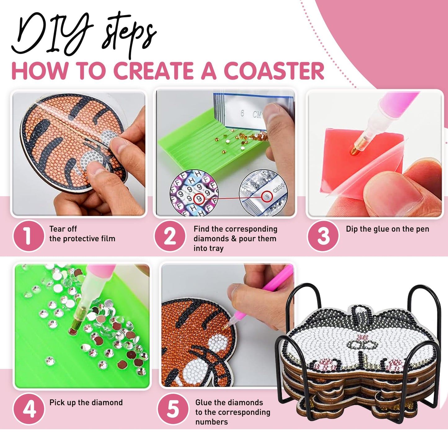 Diy 6pcs/set Animal  Diamond Painting Coasters with Holder