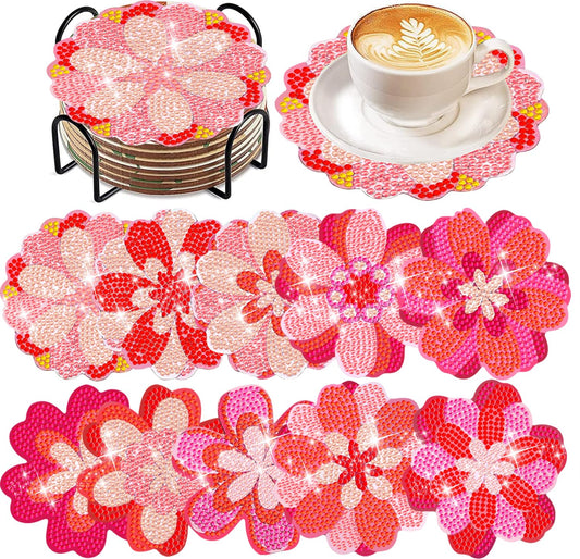 Diy 10pcs/set Valentine's Day Flower  Diamond Painting Coasters with Holder