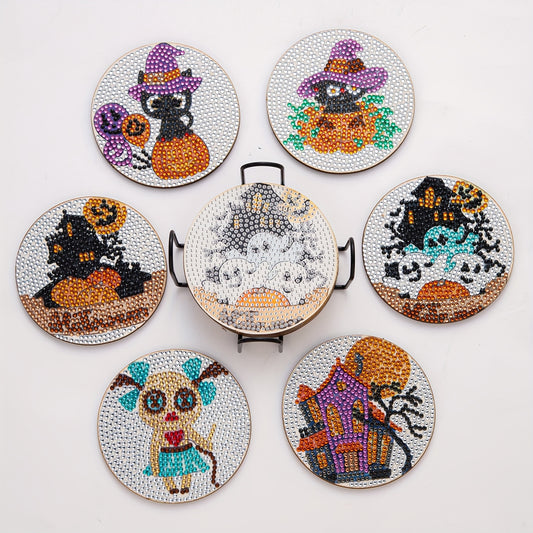 Diy 6pcs/set Halloween  Diamond Painting Coasters with Holder