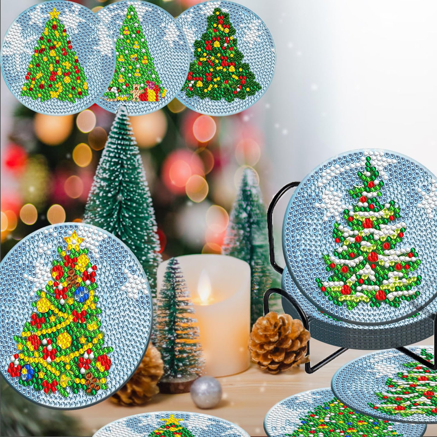 Diy 8pcs/set Christmas  Diamond Painting Coasters with Holder