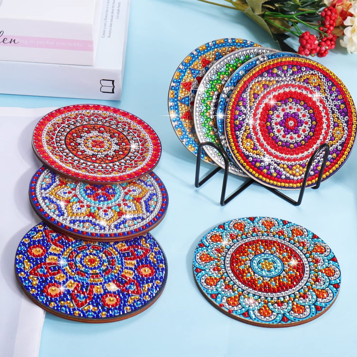 Diy 8pcs/set Mandala  Diamond Painting Coasters with Holder