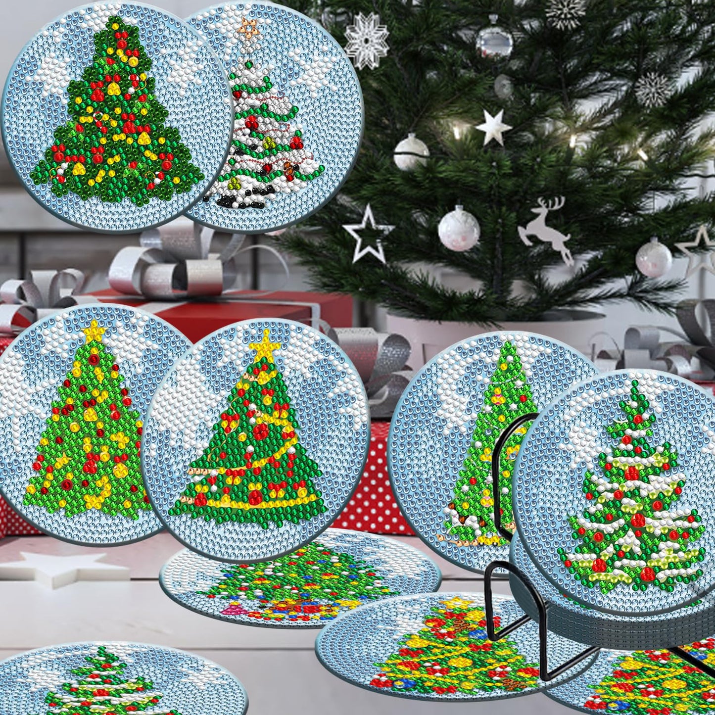 Diy 8pcs/set Christmas  Diamond Painting Coasters with Holder