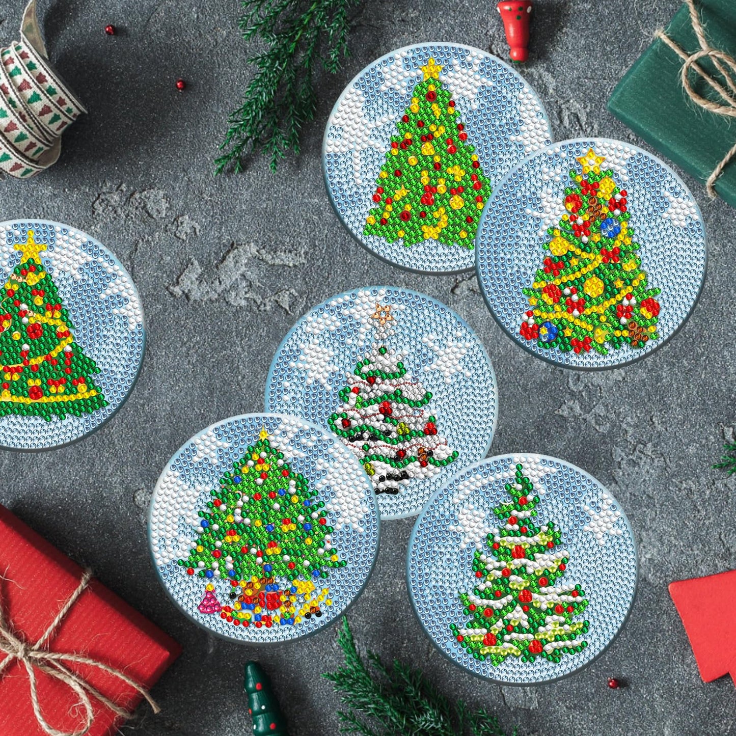 Diy 8pcs/set Christmas  Diamond Painting Coasters with Holder