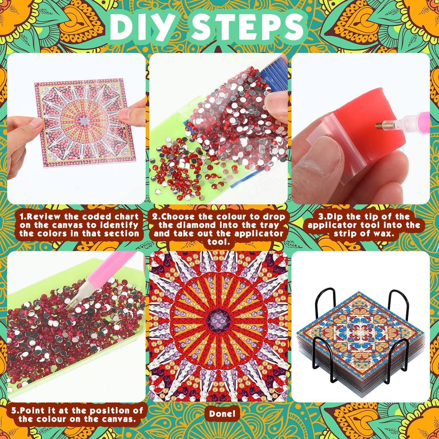 Diy 8pcs/set Mandala  Diamond Painting Coasters with Holder