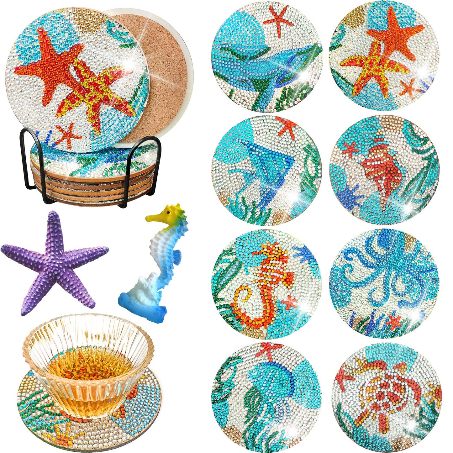 Diy 8pcs/set Animal  Diamond Painting Coasters with Holder