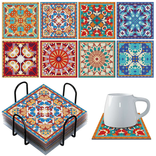 Diy 8pcs/set Mandala  Diamond Painting Coasters with Holder