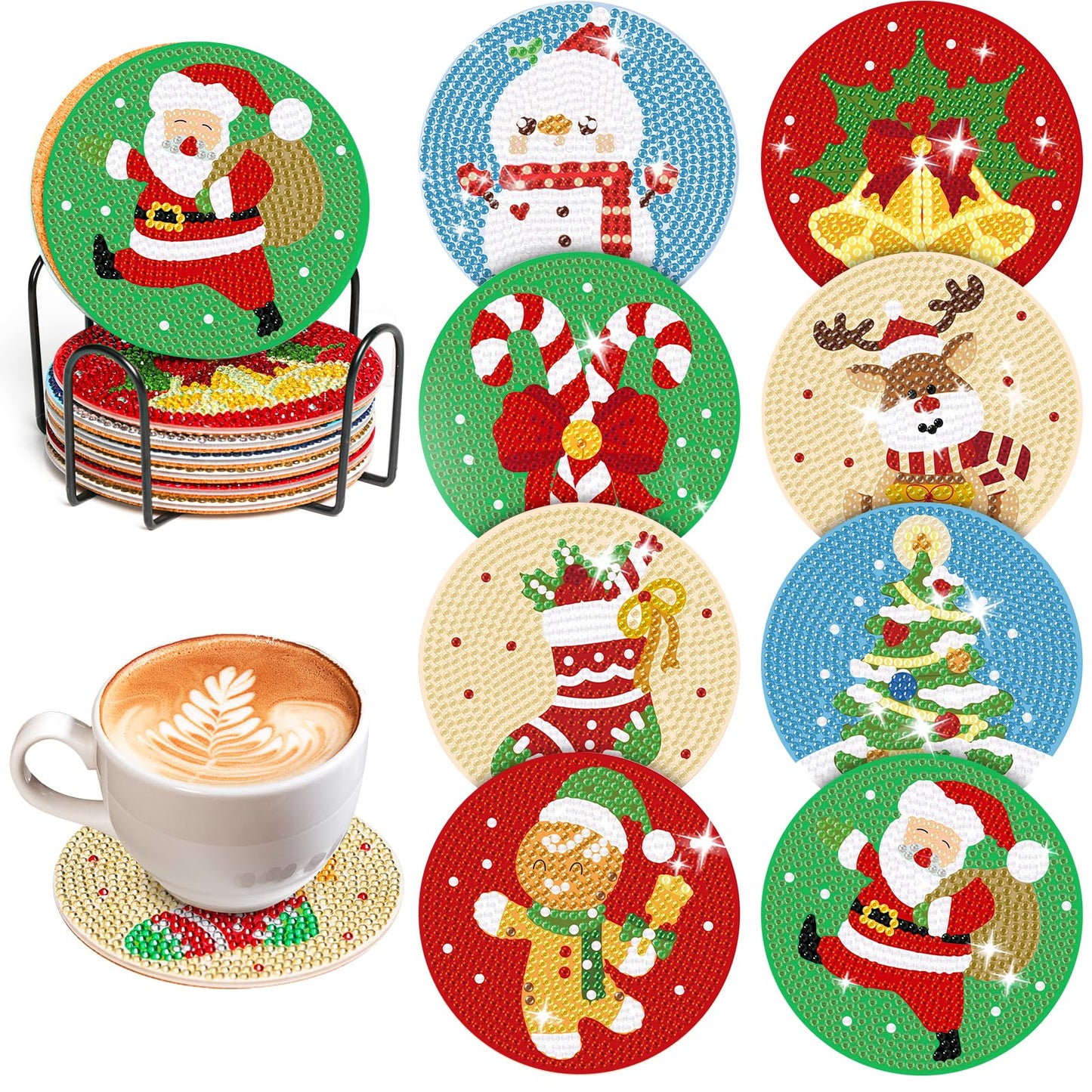 Diy 8pcs/set Christmas  Diamond Painting Coasters with Holder