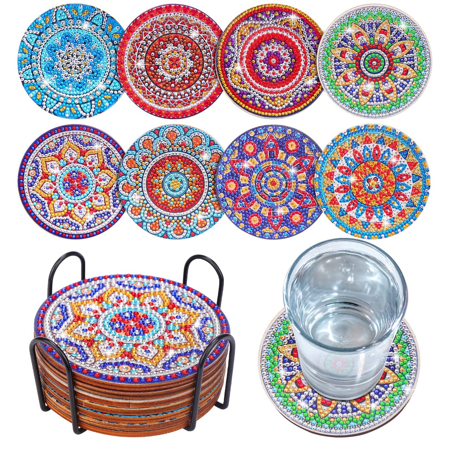 Diy 8pcs/set Mandala  Diamond Painting Coasters with Holder