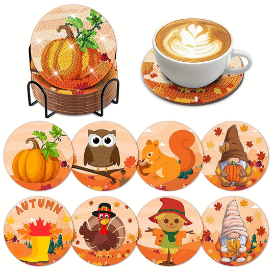 Diy 8pcs/set Pumpkin  Diamond Painting Coasters with Holder