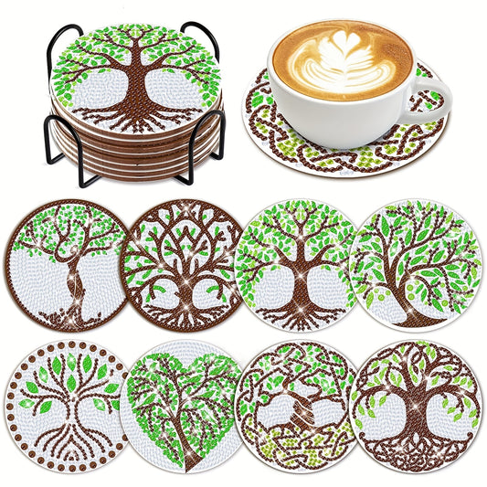 Diy 8pcs/set Tree  Diamond Painting Coasters with Holder