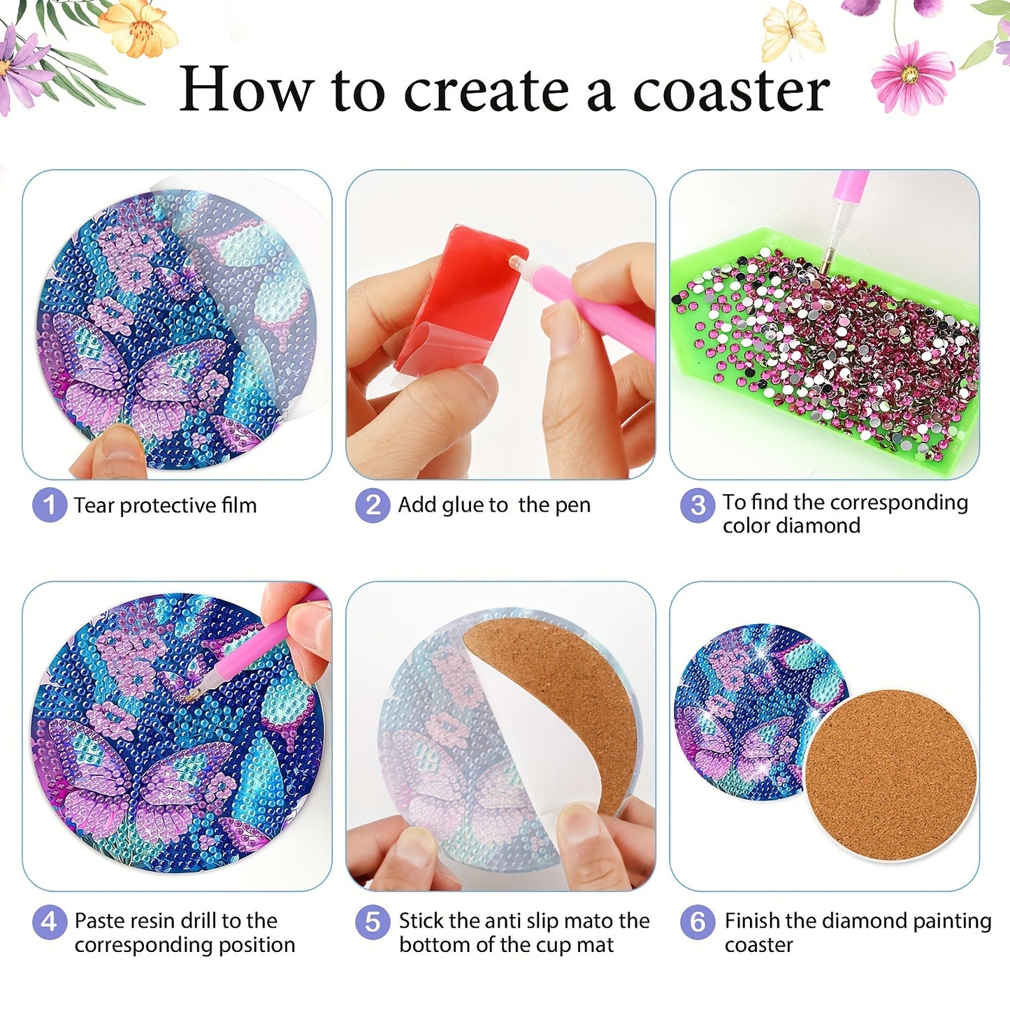 Diy 8pcs/set Butterfly  Diamond Painting Coasters with Holder