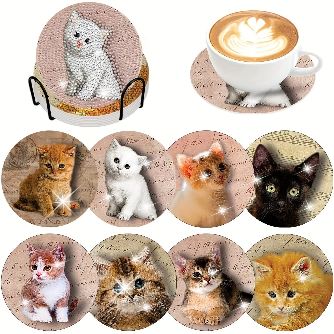 Diy 8pcs/set Cat  Diamond Painting Coasters with Holder