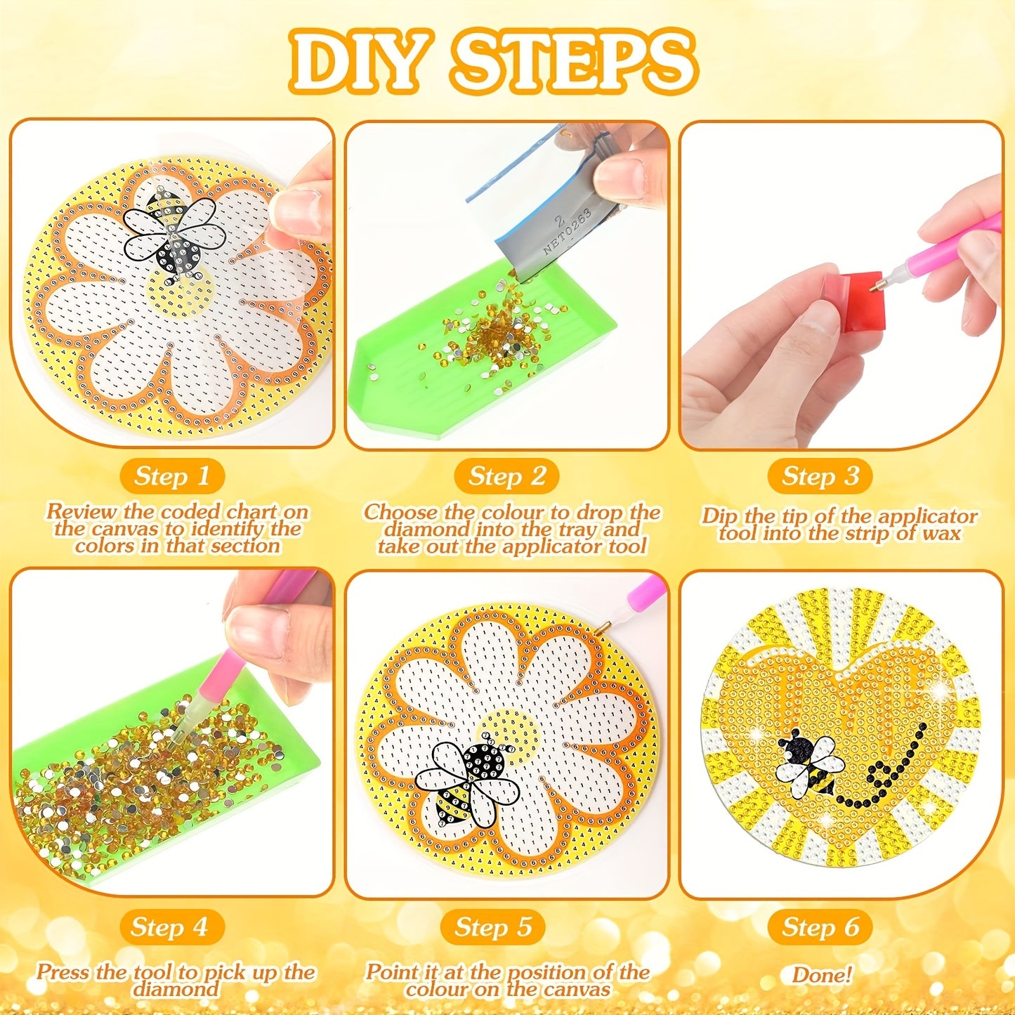 Diy 8pcs/set Bee  Diamond Painting Coasters with Holder