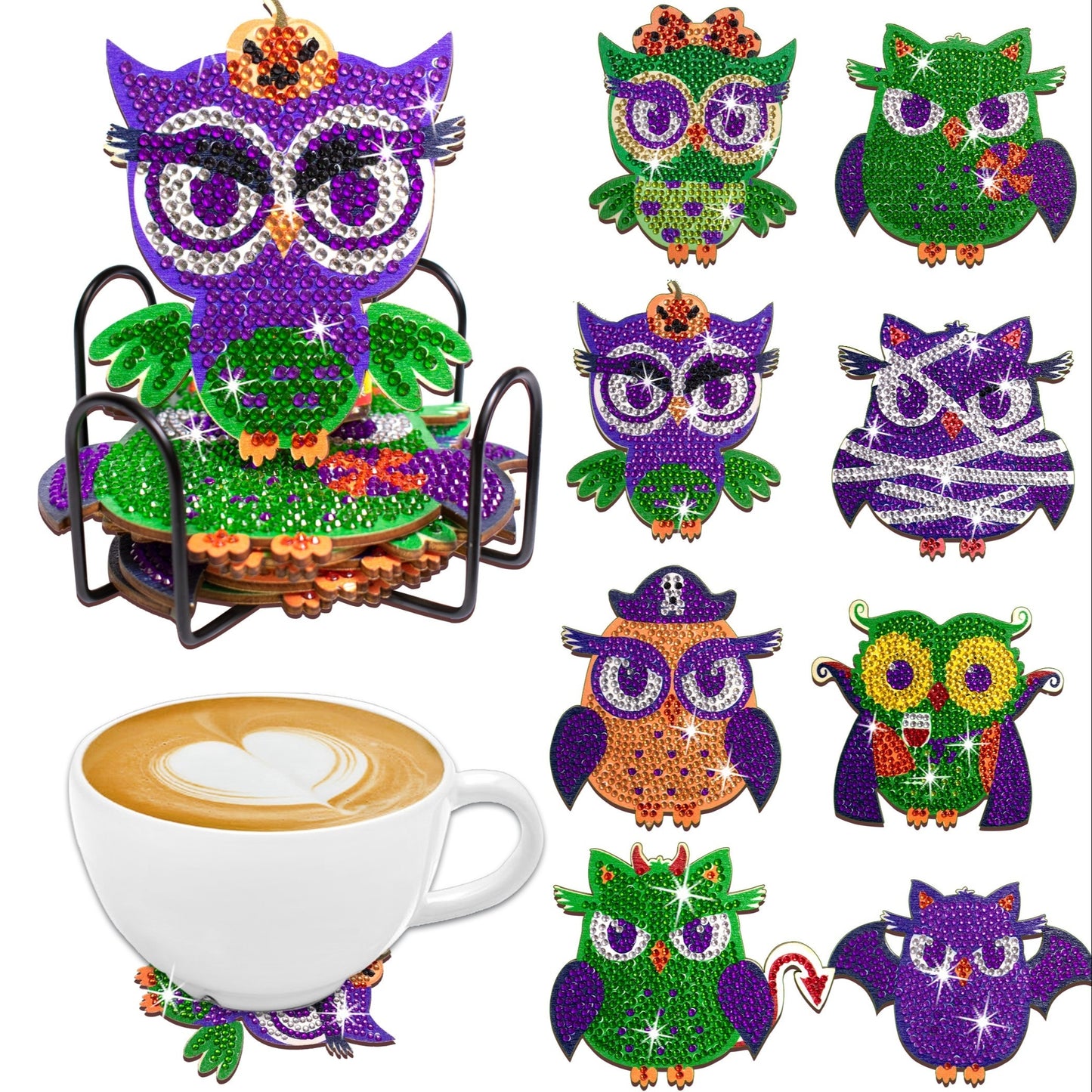 Diy 8pcs/set Owl Halloween  Diamond Painting Coasters with Holder