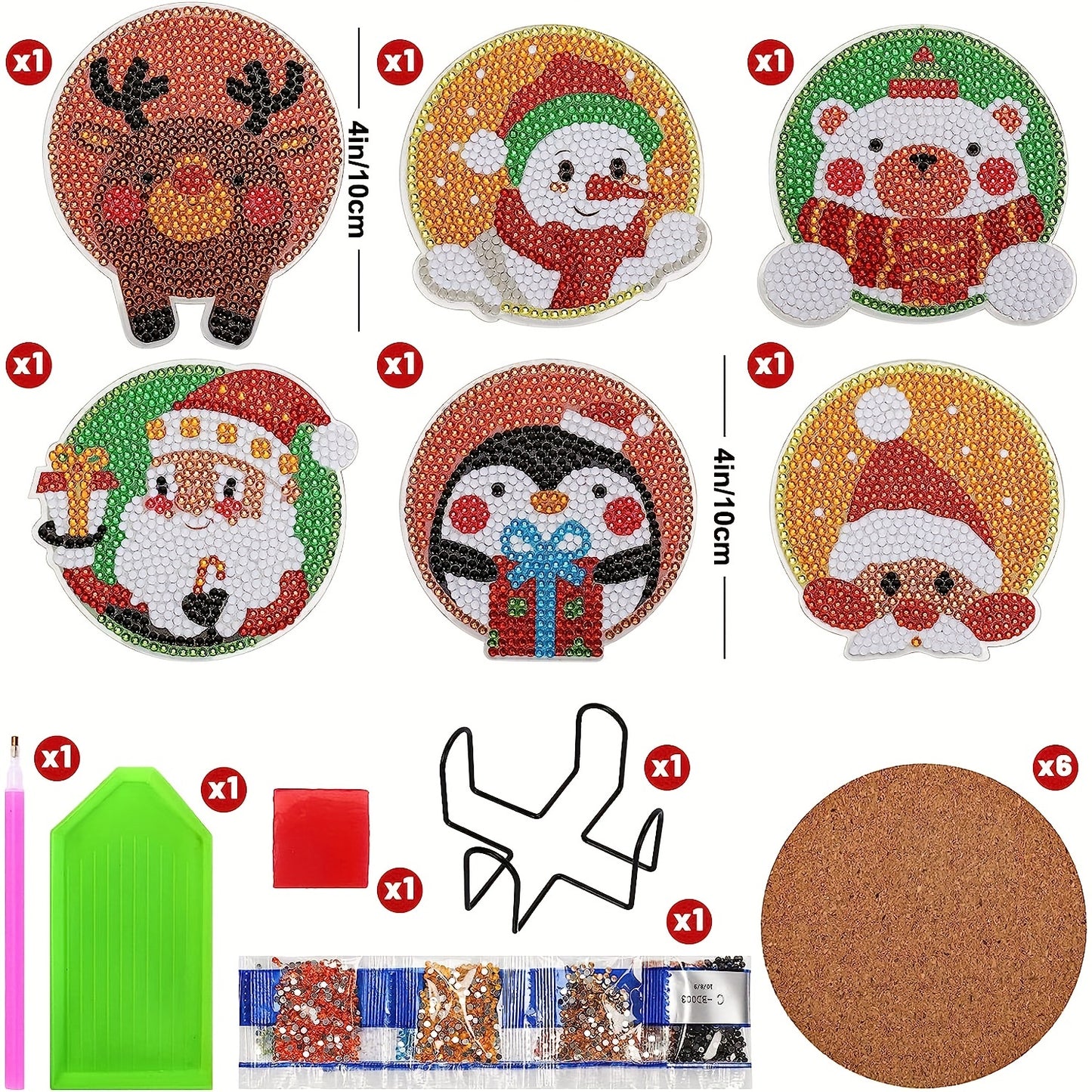 Diy 6pcs/set Christmas  Diamond Painting Coasters with Holder