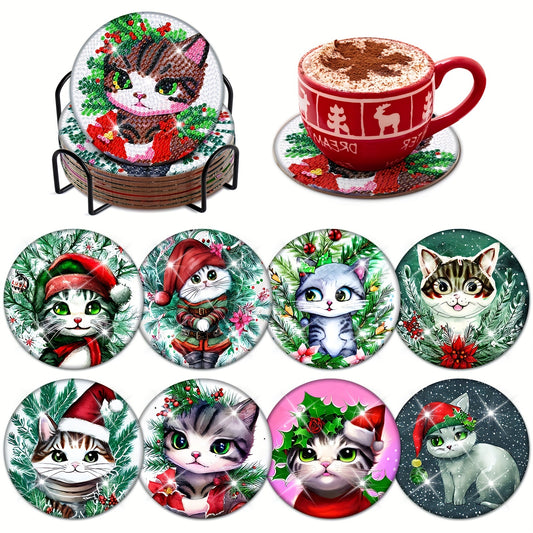 Diy 8pcs/set Cat Christmas  Diamond Painting Coasters with Holder