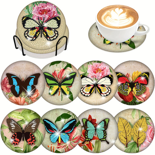 Diy 8pcs/set Butterfly  Diamond Painting Coasters with Holder