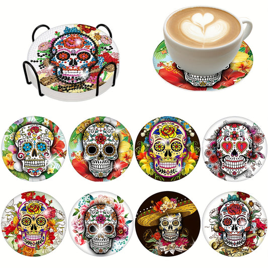 Diy 8pcs/set Skull Halloween  Diamond Painting Coasters with Holder